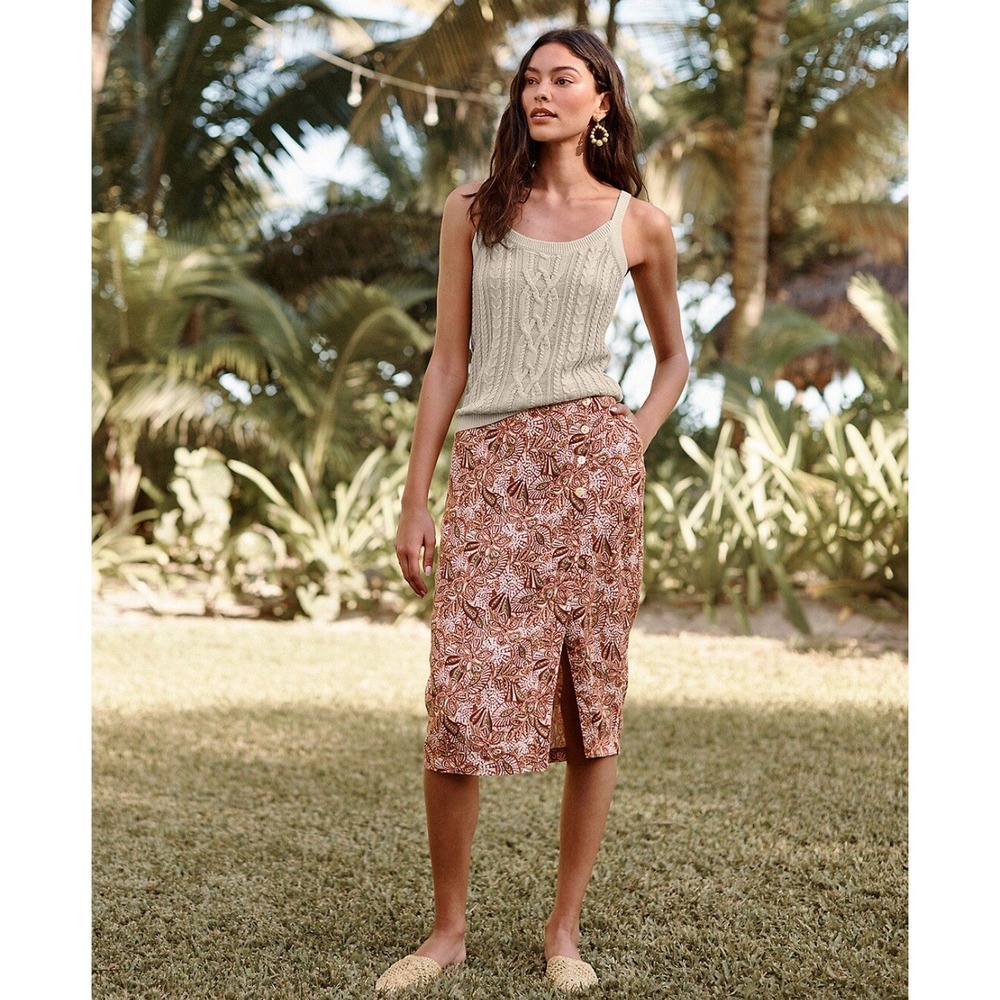 Garnet‎ Hill Kona Linen Midi Skirt Flax Earthy Floral Boho size small